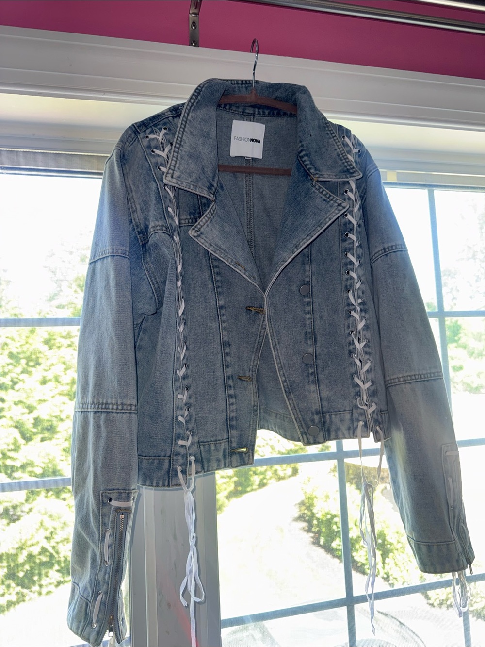 Fashion Nova Light Wash Denim Jacket with White Lace-Up Sides